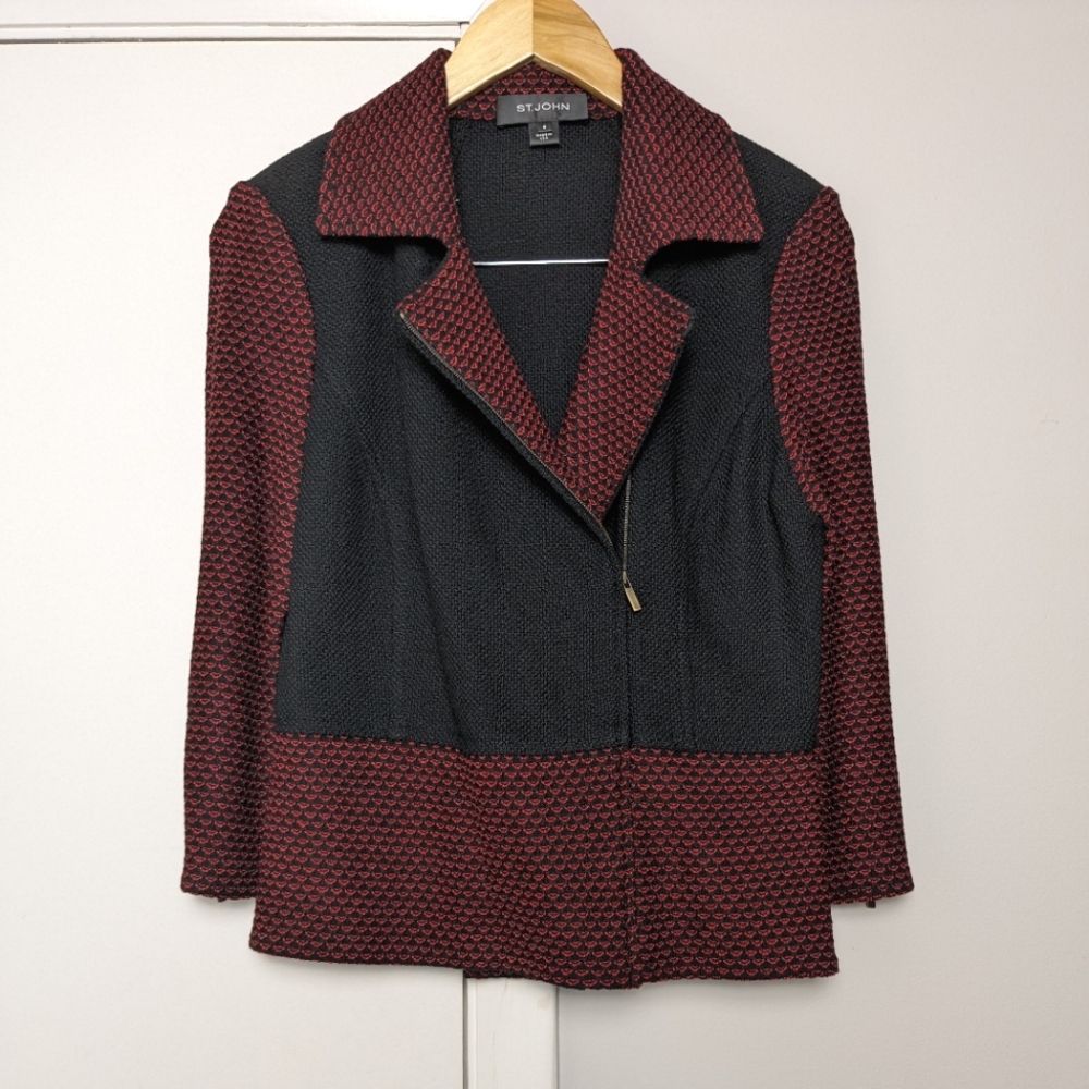 ST. JOHN Tweed Color Block Asymmetrical Black Red Leather Blazer Suit Jacket 6